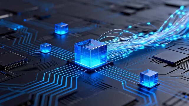 Blue glowing cubes on circuit board