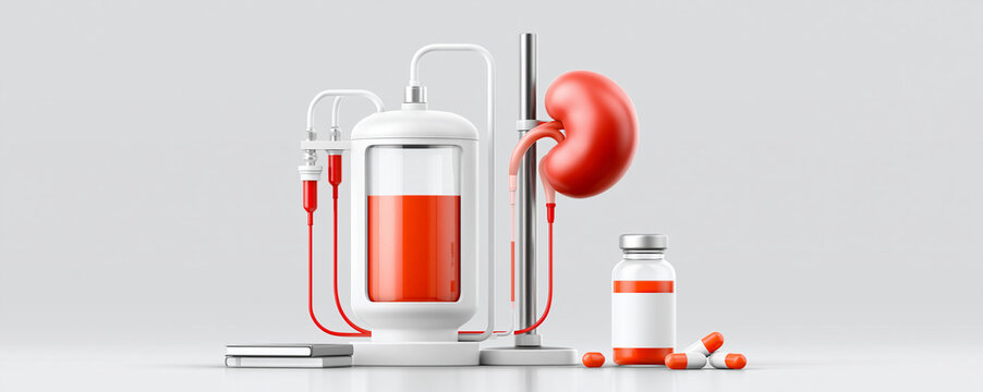An impactful depiction of renal failure treatment, featuring dialysis and medication