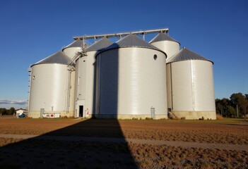 Obraz premium Large industrial silos under clear blue sky.