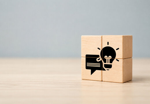 Business strategy from customer feedback and suggestion concept. Customer centric. Team brainstrom and strategy planning. Wooden cube with feedback, idea, strategy symbols on grey backaground. Banner