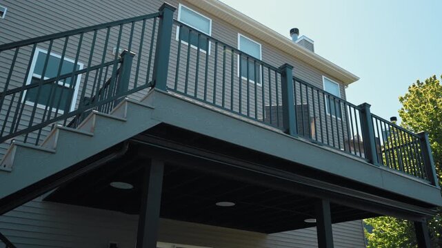 Modern elevated backyard deck attached to suburban house featuring black metal railings, outdoor stairs, and covered patio space in residential neighborhood
