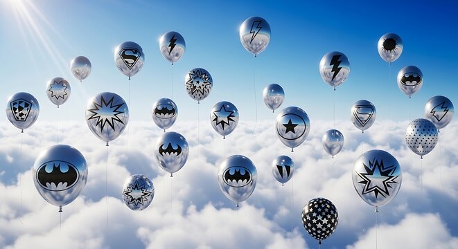 Collection of silver balloons decorated with various popular heroic symbols floating serenely amidst a bright cloudy sky, evoking a sense of wonder and celebration