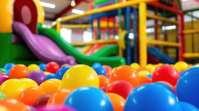 Colorful Ball Pit in Indoor Playground with Slides and Play Structures for Children&rsquo;s Entertainment and Fun Activities