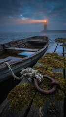 Obraz premium Old wooden boat at a pier. A guiding light in the dark fog. Hope.