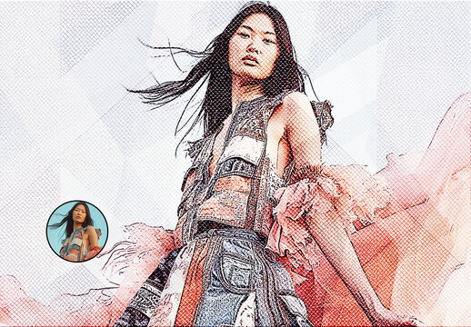 Artistic Mixed Media Sketch Portrait of a Female Fashion Model Photo Effect