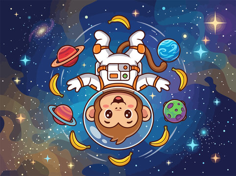Cute Chibi Monkey Astronaut in a White Spacesuit Floating in Outer Space Surrounded by Bananas, Colorful Planets, and Stars in a Vibrant Cosmic Nebula Background Illustration.