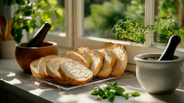Several slices of stale bread are arranged on a wire rack, drying out in a warm spot by a sunny window