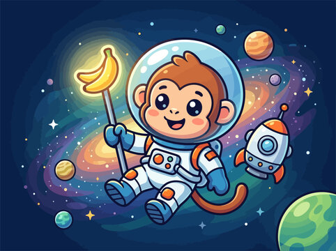 Vector illustration of a cute chibi monkey astronaut floating in outer space wearing a white spacesuit, holding a glowing banana staff near a small rocket ship and planets.