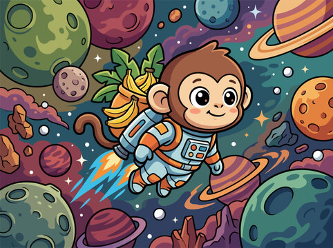 Vector illustration of a cute chibi monkey astronaut floating in outer space with a jetpack and a backpack full of bananas, surrounded by colorful planets, rings, and stars.