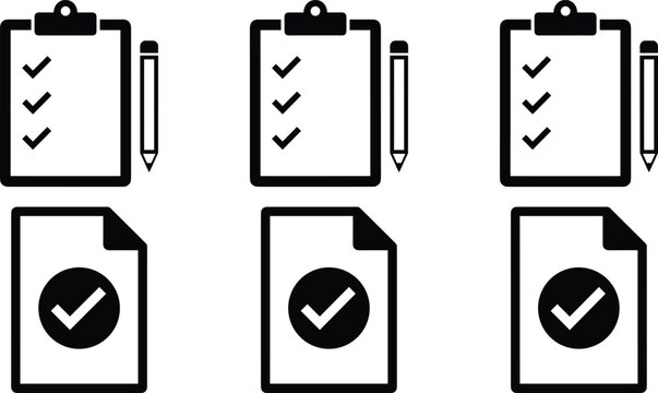 Checklist and approved document icons set with verification symbols for task management and office workflow concepts