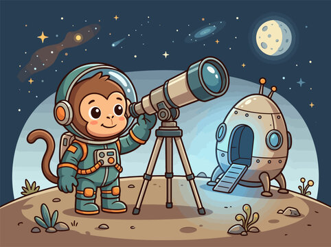 Vector illustration of a cute chibi monkey astronaut in a space suit looking through a telescope on a lunar surface with a rocket ship, stars, and moon in a night sky background.