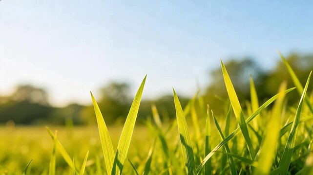 Green grass blades in sunlight