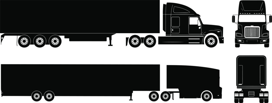 Black silhouette illustrations of a semi-truck and trailer from side front and rear views tractor-trailer