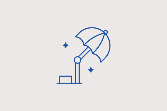 Studio umbrella flash line icon for commercial advertisement sets, modeling agency auditions, or portrait photo studios. Vector illustration of a professional lighting modifier for soft shadows.