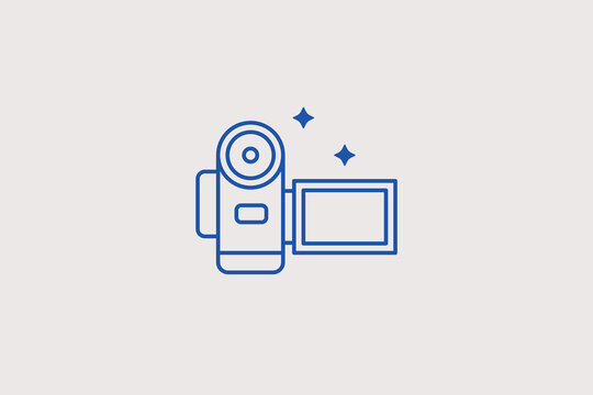 Compact digital camcorder line icon for family archiving apps, travel blogs, or consumer electronics catalogs. Vector illustration of a handheld video camera with a flip-out screen for home videos.
