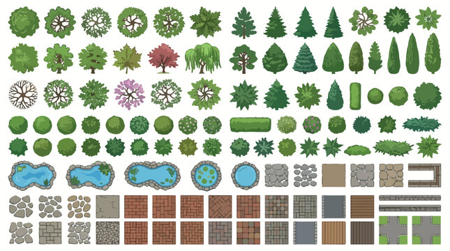 Landscape design symbols for site planning, architectural garden elements vector set, top view trees and shrubs for master plan mapping