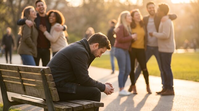 Lonely man sitting on bench with people in background outdoors in park on sunny