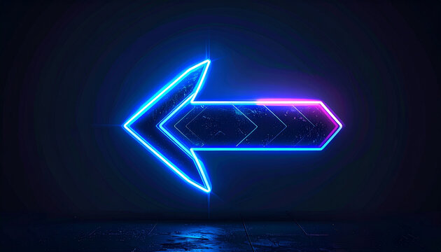 Neon arrow sign pointing left in blue and pink light