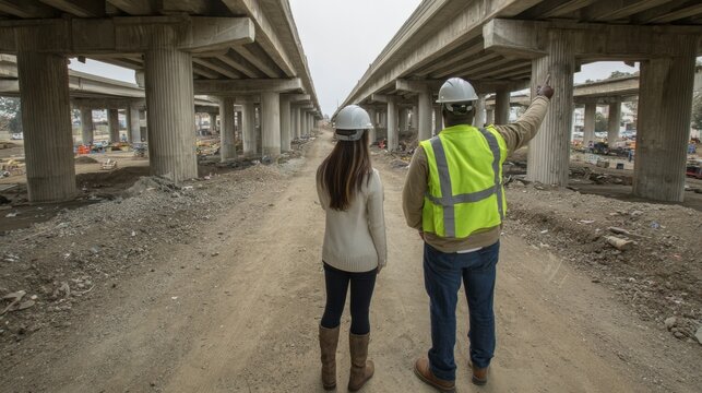 Construction workers engineers safety infrastructure overpass hardhat inspection site teamwork under concrete bridge with reflective vests on active transportation project