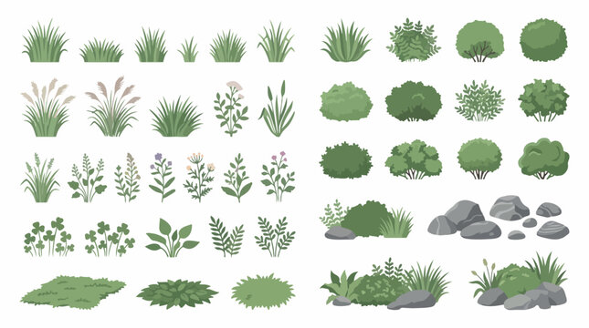 Flat garden vegetation set with 40 green plant icons, botanical shrubs and grass tufts vector, landscape design elements with grey rocks