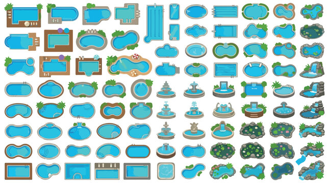 Swimming pool top view collection, flat vector icons of garden pools and fountains, landscape design elements for backyard planning and architecture
