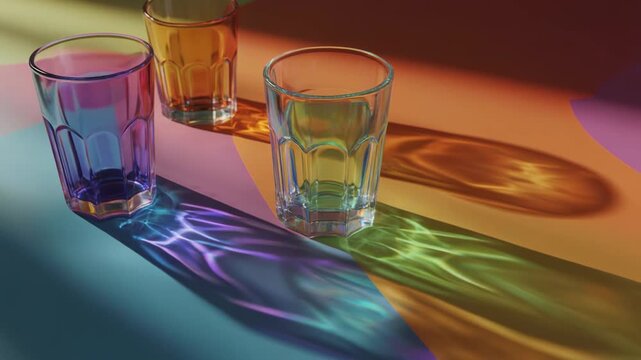 Colorful glassware on reflective surface.