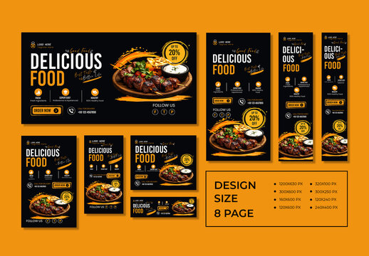 Delicious Food Restaurant Web Banner Template Collection Dark Theme