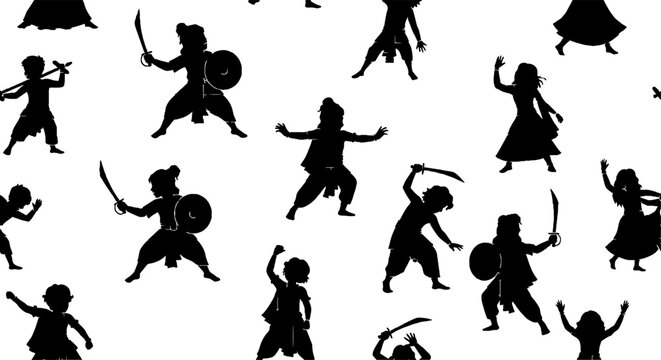 Silhouettes of Various Traditional Warrior Poses and Actions.