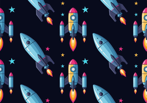 Cartoon Space Rocket Seamless Pattern with Colorful Spaceships and Stars on Dark Background