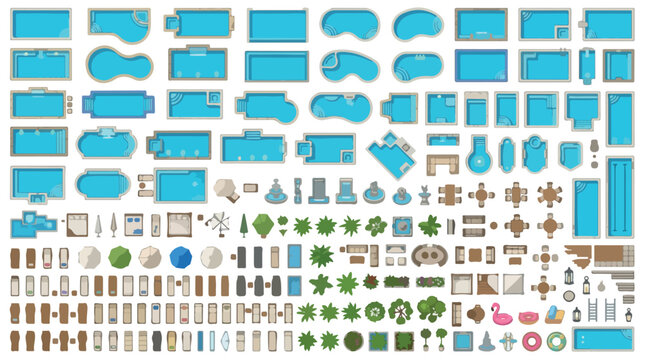 Swimming pool floor plan icons set, landscape design elements for backyard architecture, flat vector pool shapes and garden furniture collection