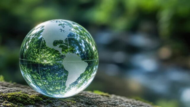 Clear globe with map of Americas reflecting lush green forest and river nature environment