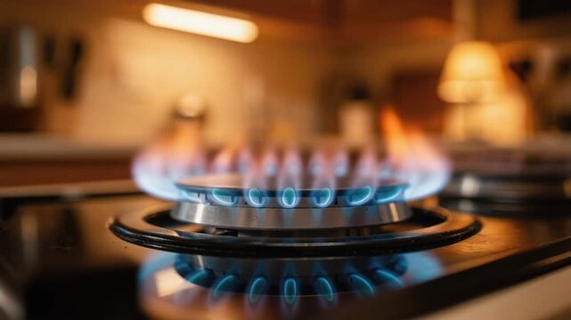 Close up of blue gas flame burning on modern kitchen stove cooking indoors