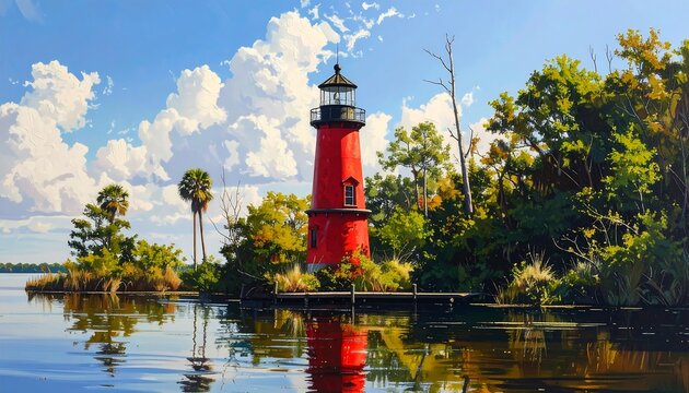 A vibrant painting of a red lighthouse on a small island, surrounded by trees and calm water. Blue sky and clouds