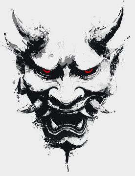 Masque Oni Hannya Japonais Sumi-e D&eacute;mon Yeux Rouges