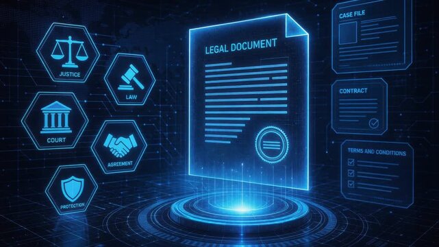 Futuristic legal document hologram with law icons and contract terms in digital technology concept