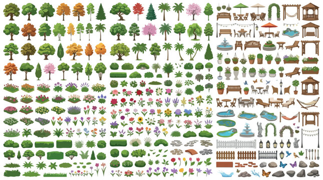 Garden landscape design elements set, outdoor furniture and backyard plants vector collection, park architecture and greenery icons for site planning