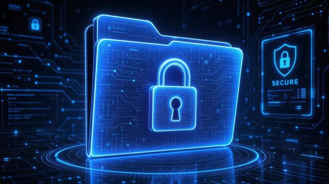 Digital folder with glowing lock symbol representing secure data protection and cybersecurity concept