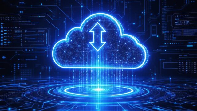 Futuristic cloud computing concept with digital data transfer and network connections in blue technology background