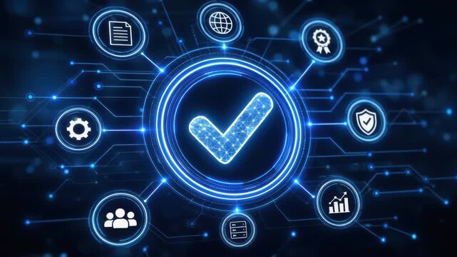 Digital checkmark with interconnected icons representing security approval and technology concepts