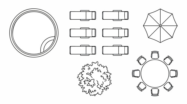 Architectural landscape symbols in top view, outdoor furniture and swimming pool floor plan icons, garden design vector elements for site planning
