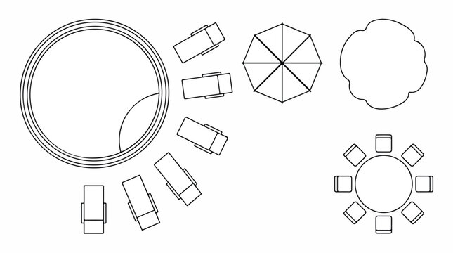 Architectural floor plan symbols for landscape design, swimming pool with sun loungers top view, outdoor furniture and garden tree vector set