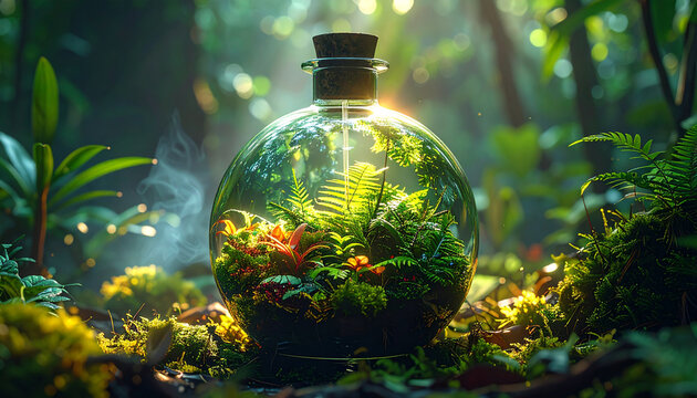 Terrarium with ferns and plants in a glass container in forest