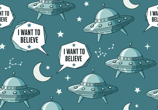 Retro UFO Seamless Pattern with I Want To Believe Speech Bubbles, Alien Flying Saucers, Stars and Moon on Dark Teal Background for Sci-Fi Wallpaper or Textile Design
