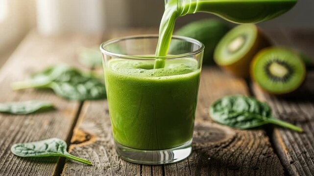 Fresh green smoothie with spinach and kiwi on rustic wooden table healthy detox drink
