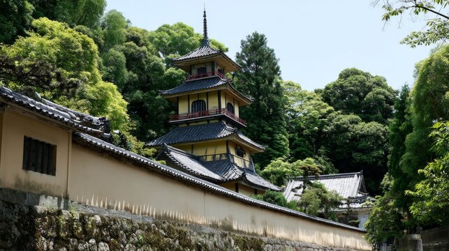 Ancient pagoda architecture heritage temple wall roof landmark with traditional octagonal tower rising above green trees under bright daylight sky and cultural setting