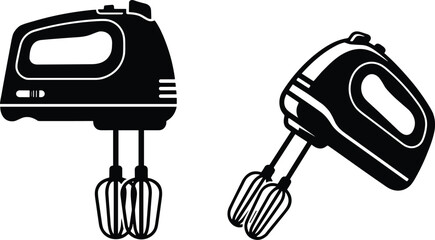 Black and white electric hand mixer illustration showing upright and diagonal perspectives for kitchen appliance design concepts © PARVIN