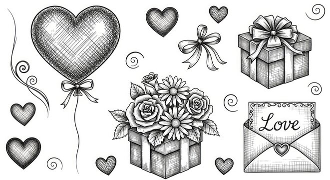 Valentines day vector set hearts gifts flowers and decorative elements