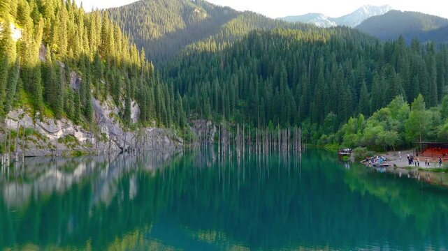 Aerial view of Kaindy Lake with dead spruce trees rising from turquoise water surrounded by dense pine forests and rocky cliffs in Kaindy, Almaty Region, Kazakhstan.