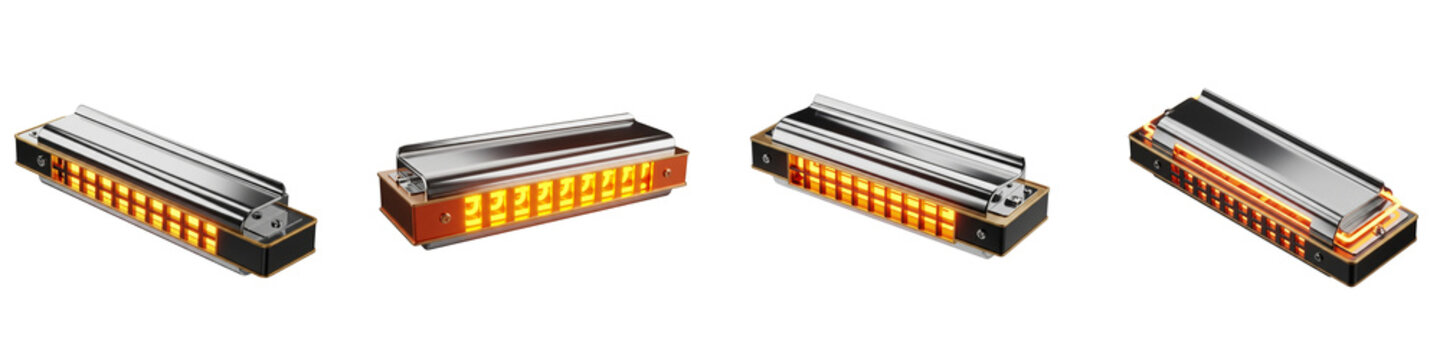 Four modern metal harmonicas with glowing orange light isolated on black