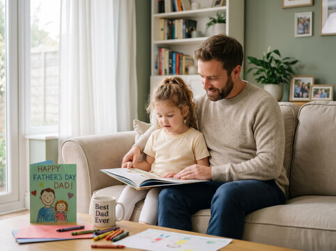 Caring father reading a storybook with his little daughter